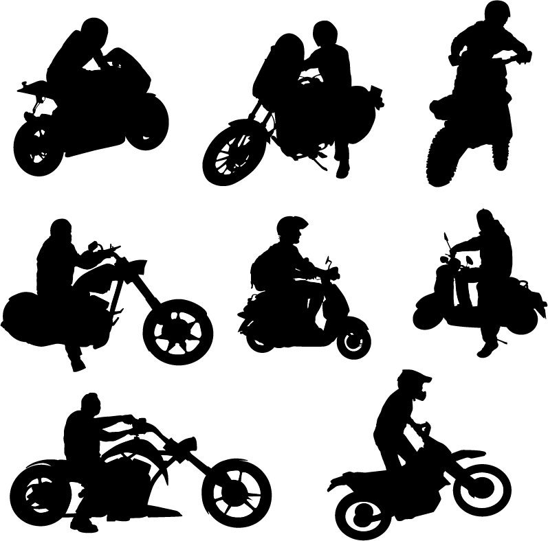 Motorcycle riders with motorcycle silhouettes vector set 02
