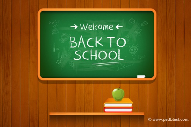 School drawing with chalkboard on wooden background