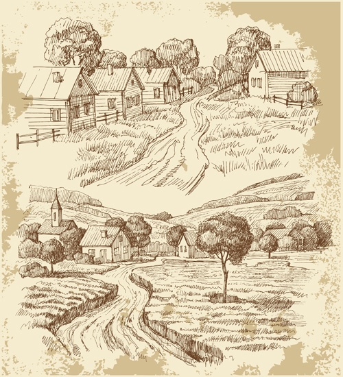 Sketch village house vector material