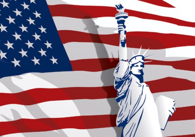 USA flag background with the Liberty Statue