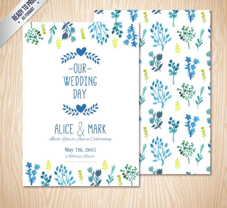 Blue floral watercolor wedding invitation card design vector