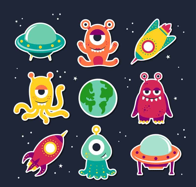 9 cartoon aliens and UFO