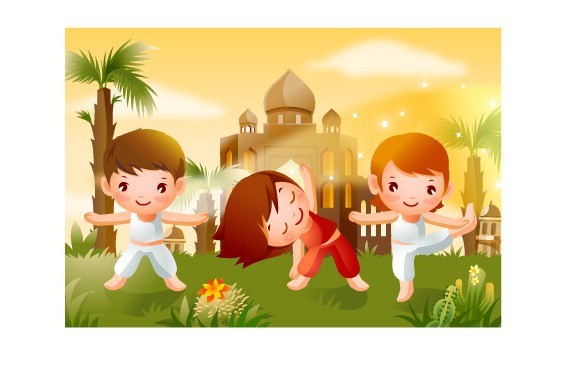 Cartoon children doing morning exercises