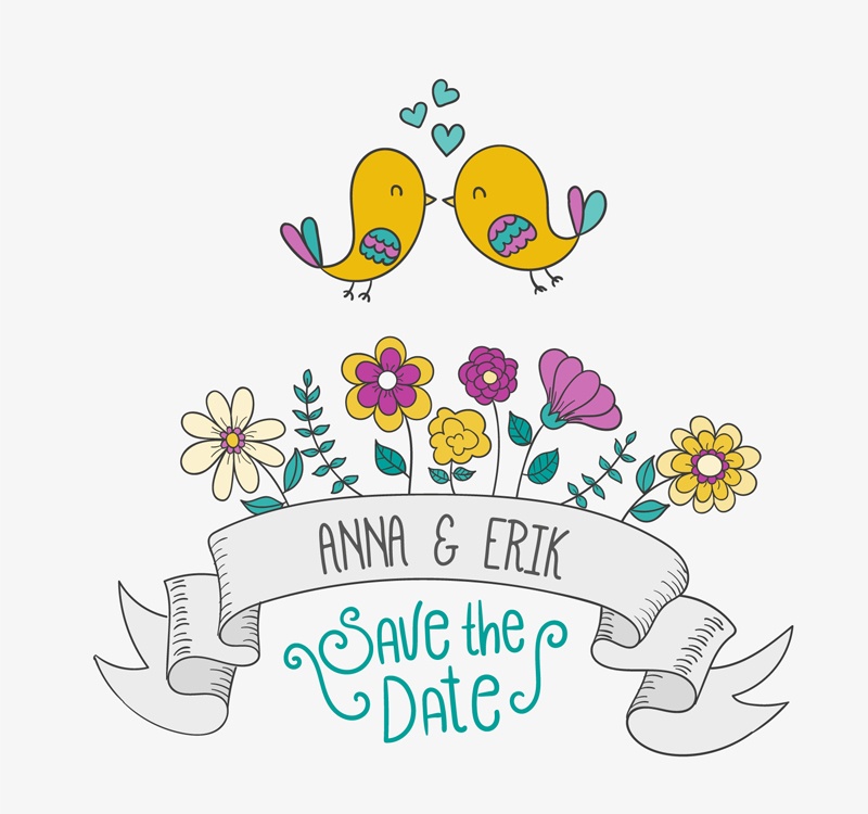 Cartoon flowers and birds wedding invitation poster design