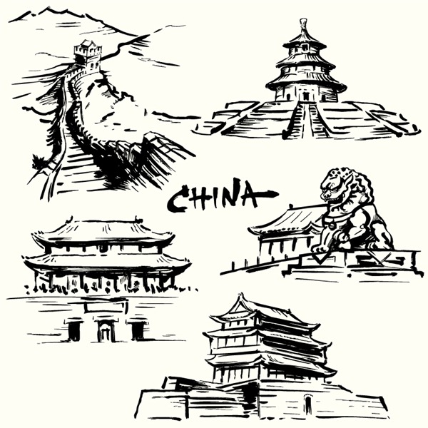 5 Chinese famous buildings vector graphics