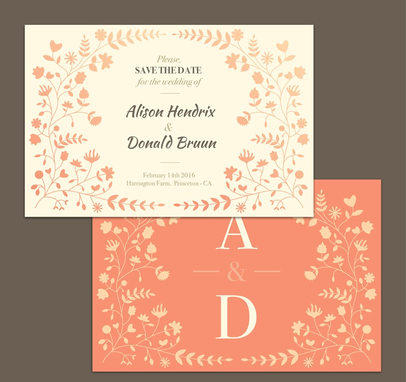 Floral decoration vector wedding invitation card front and back