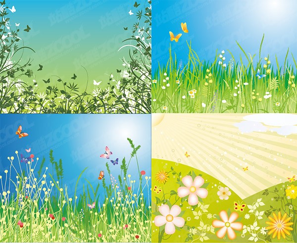 4 flowers and butterfly Vector material