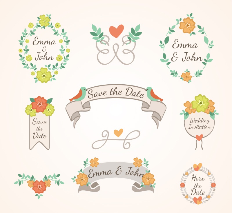 9 fresh wedding flowers vector material label