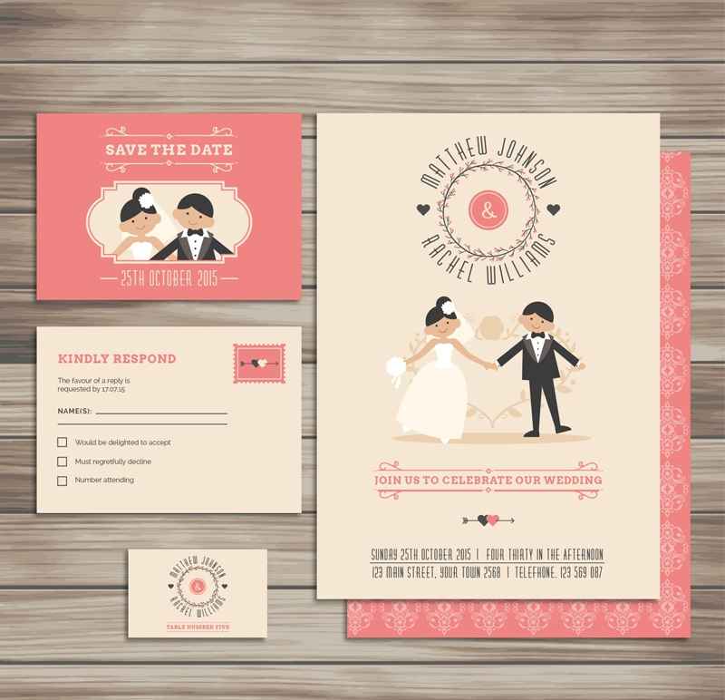 3 playful wedding card design vector material