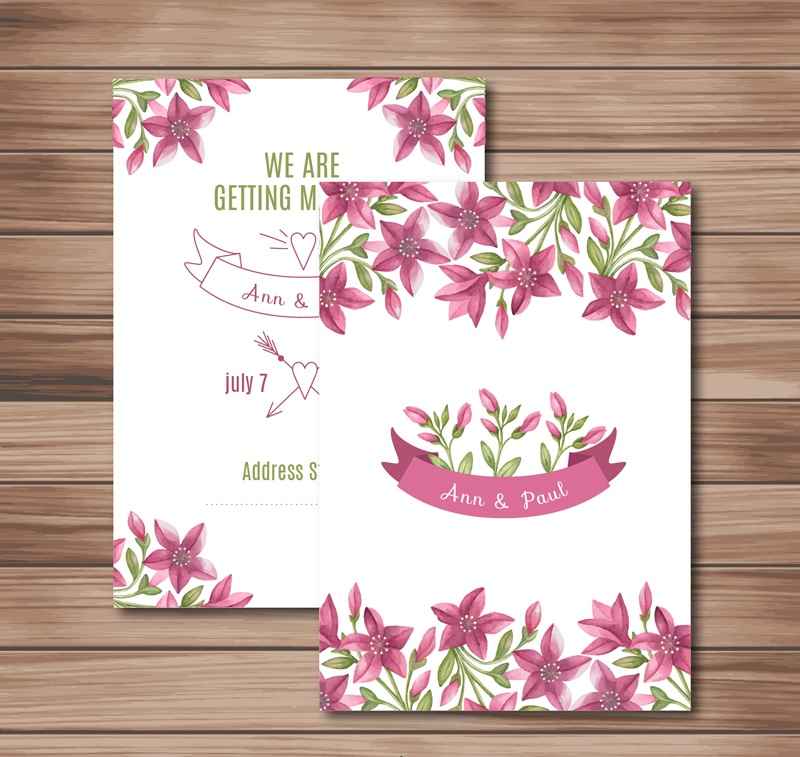 Purple flowers wedding invitation card design vector