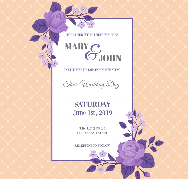 Purple Rose Wedding Invitation Card Vector design