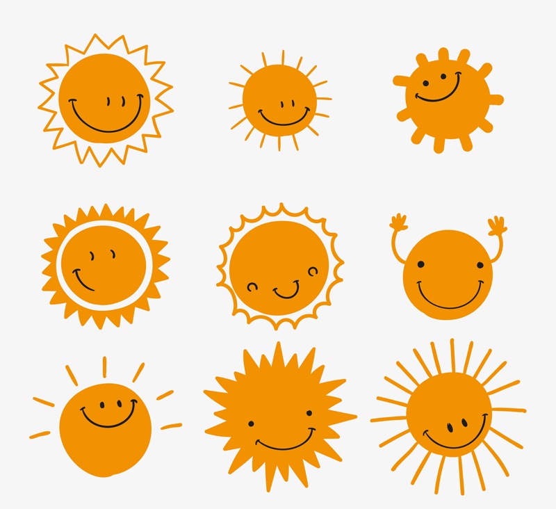 9 smiling sun design vector