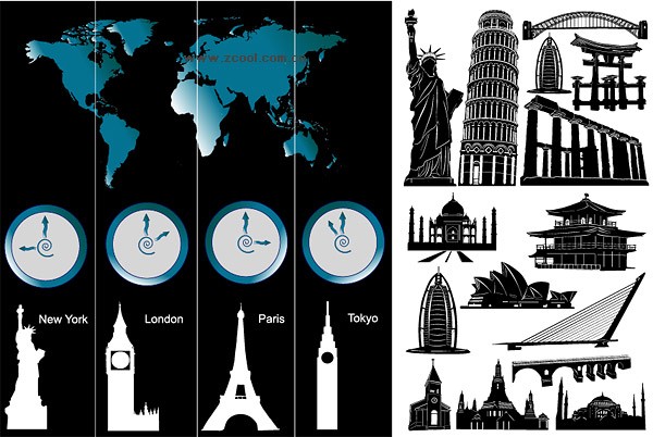 Time zones world-renowned architecture and vector material