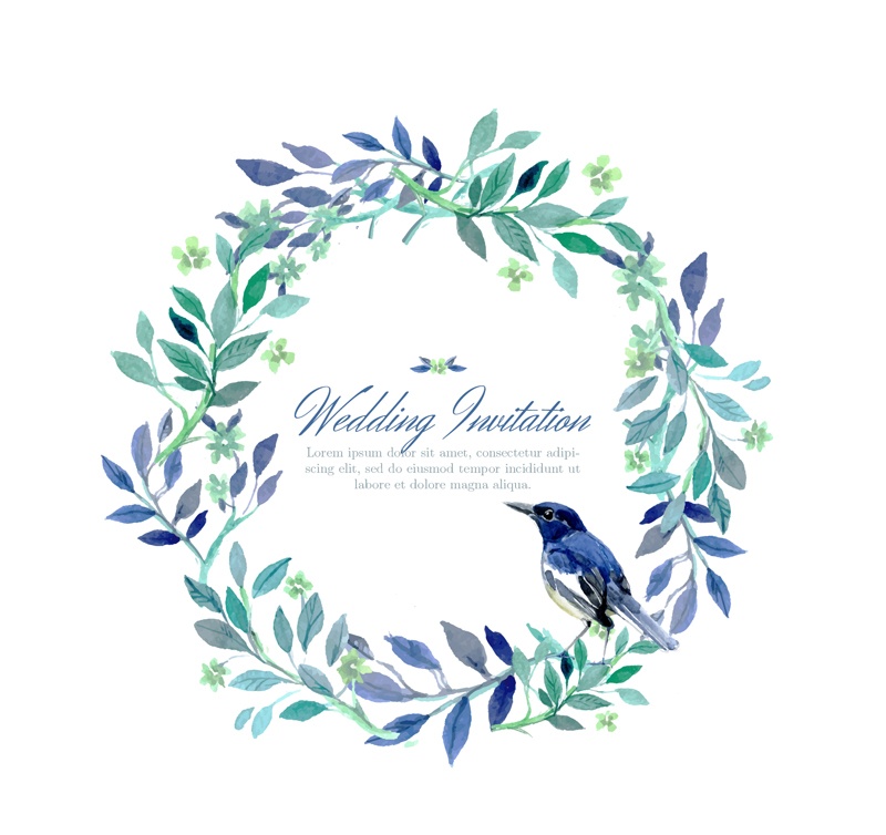 Watercolor wreath and birds wedding invitation card design vector