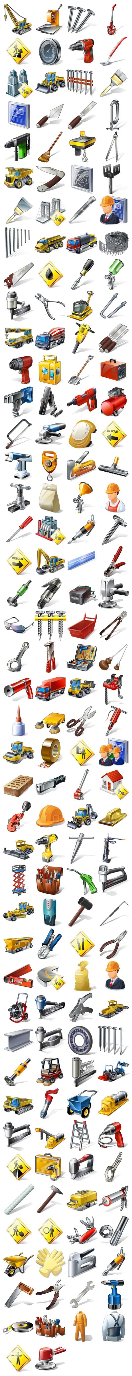 Engineering equipment, tools, people and goods icon series