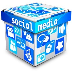 Fashion three-dimensional box above social media icons vector