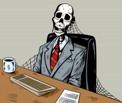 Sitting in front of the table Skeleton vector