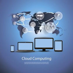 Icons and computer graphics in front of the map