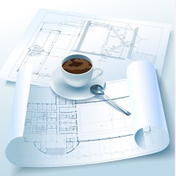 Architectural drawings and coffee vector
