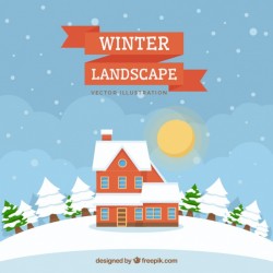 Background of snowy landscape with beautiful house and trees