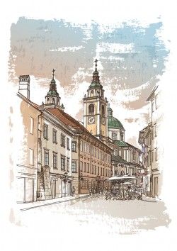 Beautiful hand-painted European-style street vector