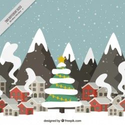 Christmas landscape with snowy mountains in flat design