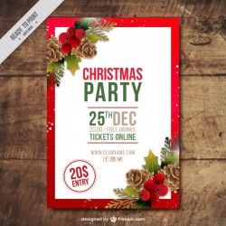 Christmas party brochure with pine cones and mistletoe in realistic style
