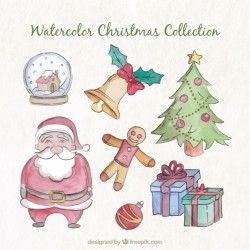 Collection of christmas elements in watercolor effect