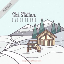 Cottage landscape background with mountains and pines