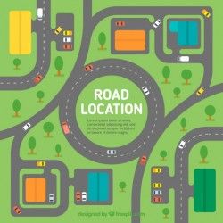 Flat background of road map with vehicles and trees