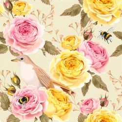Flower with bird and bee seamless pattern