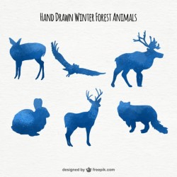 Set of watercolor animal blue color silhouettes