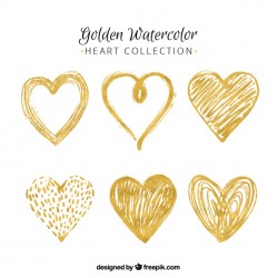 Several golden hearts painted with watercolor