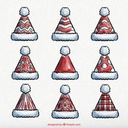 Various watercolor santa claus hats