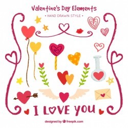 Assortment of hand-drawn colorful elements for valentine’s day