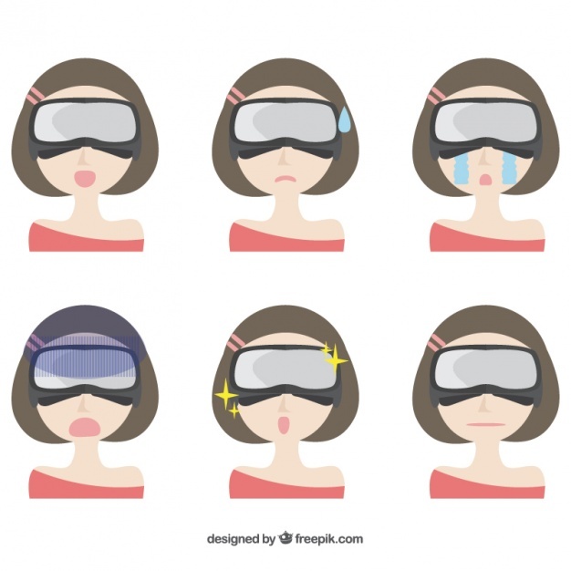 Woman with virtual reality glasses and different facial expressions