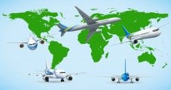 Five airplane flying around the world