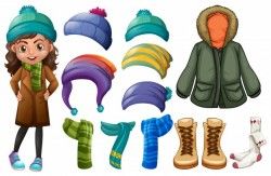 Girl and different types of winter clothes
