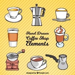 Set of coffee and hand-drawn coffee accessories