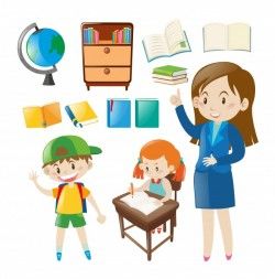Set of school objects and people at school