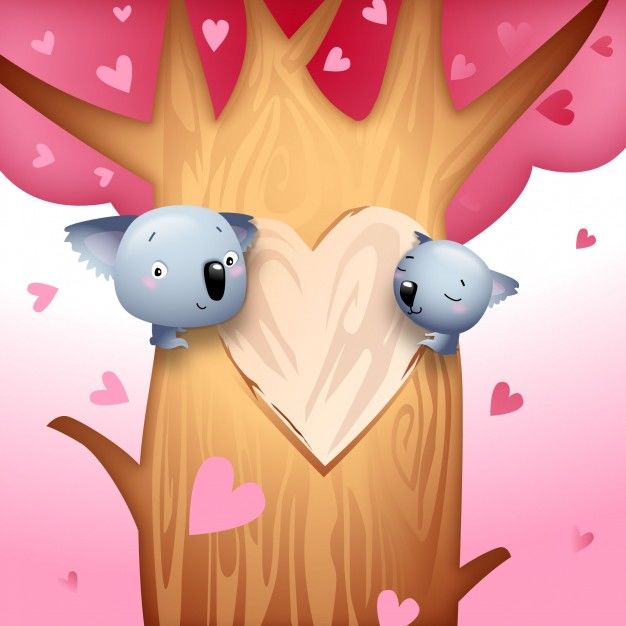 Valentine’s Day Koala Bears with Love Hearts on Tree