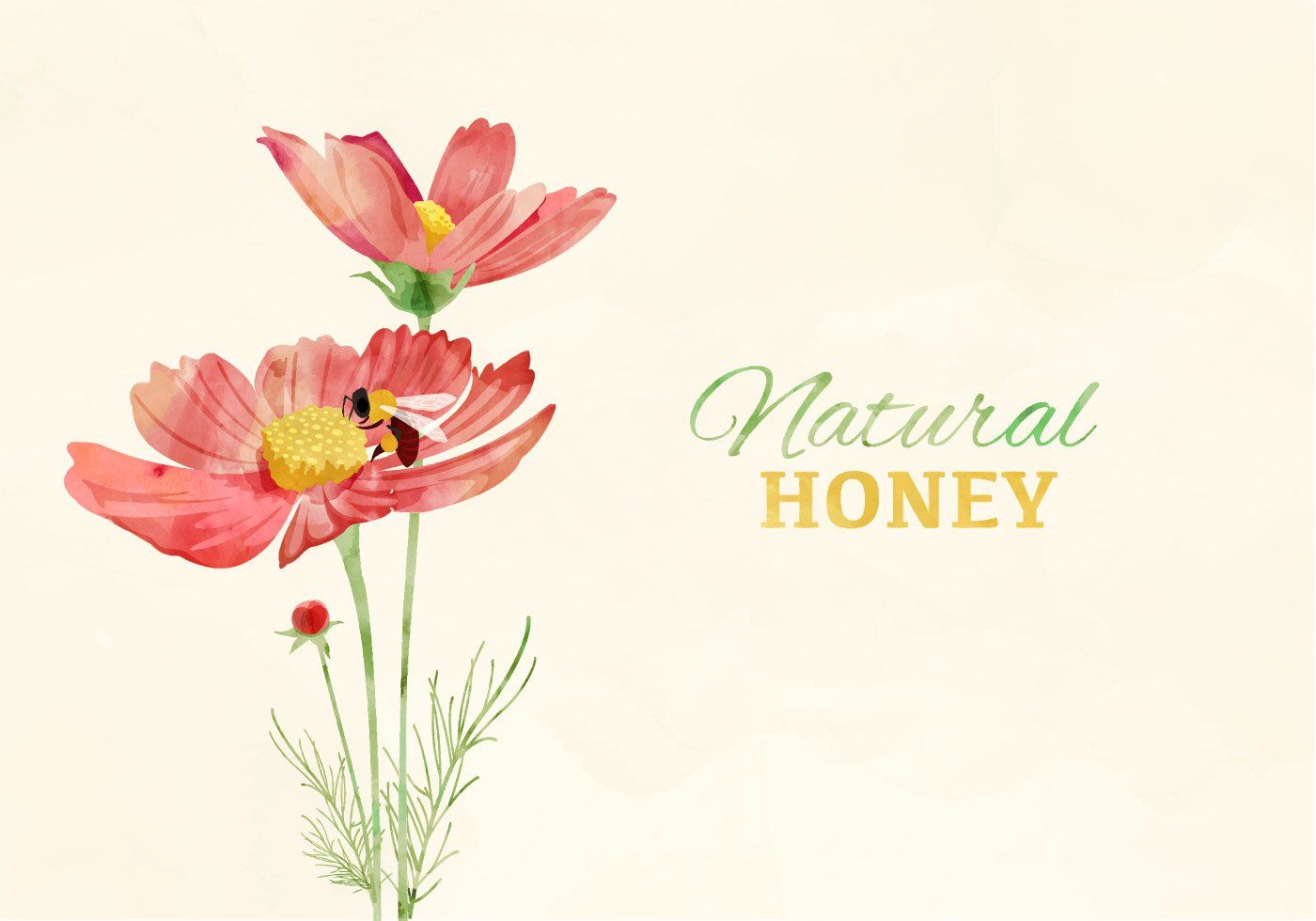 Watercolor Bee And Flowers Vector