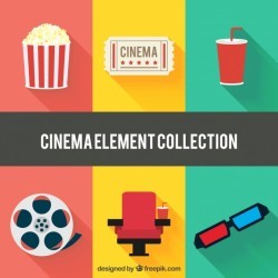 Flat collection of colorful cinema items
