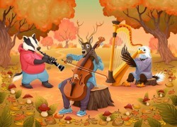 Musician animals in the wood cartoon and vector illustration