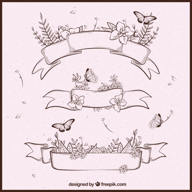 Retro spring ribbons with flowers and butterflies