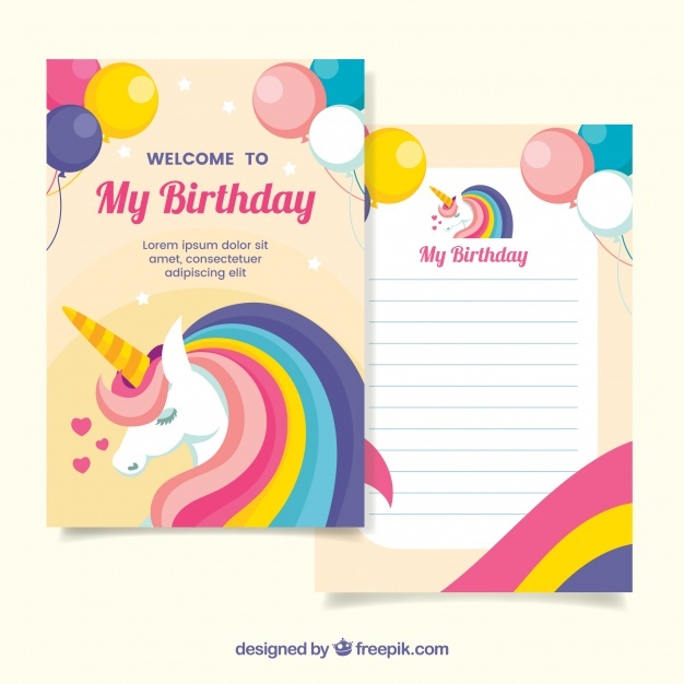 Birthday invitation with unicorns and balloons png
