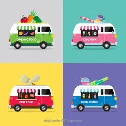 Colorful collection of vintage food trucks