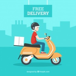 Deliveryman with carton box and driving scooter