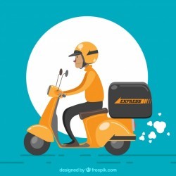 Deliveryman with helmet and retro scooter