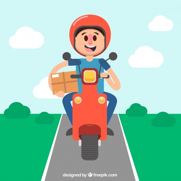 Happy deliveryman driving scooter
